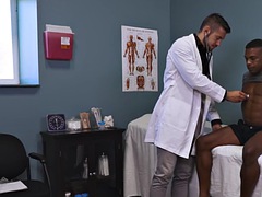 Black stud gets blowjob before being fucked bareback in the doctors office