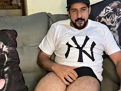 Amazing cumshot of the big cock bear, jerked off until he squirted cum on everything