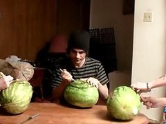 Straight inked guys fuck watermelons until cumming