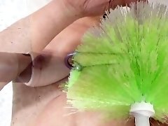 Female Masturbate with Brush Cleaner Glove and Pump Plugers