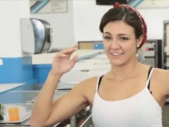 Perky teen rides thick dick in laundromat