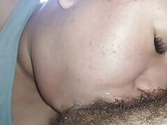 bubbling spit all over the hard cock, naughty slut with her nervous tongue loves a blowjob